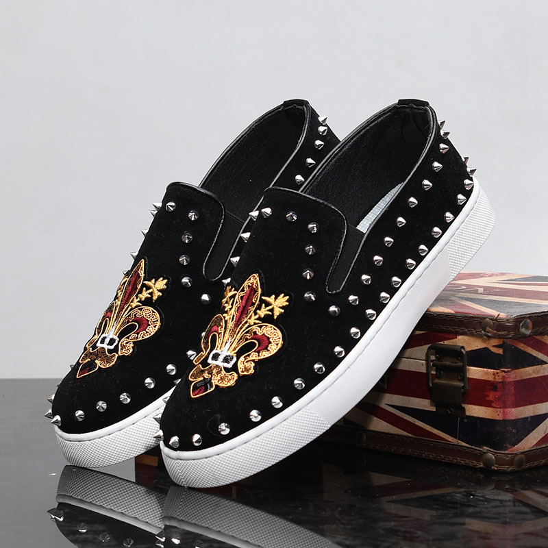 Suede Loafers Men - Sapatos Mocassim Pretos Rivets Embroidery Coiffeur