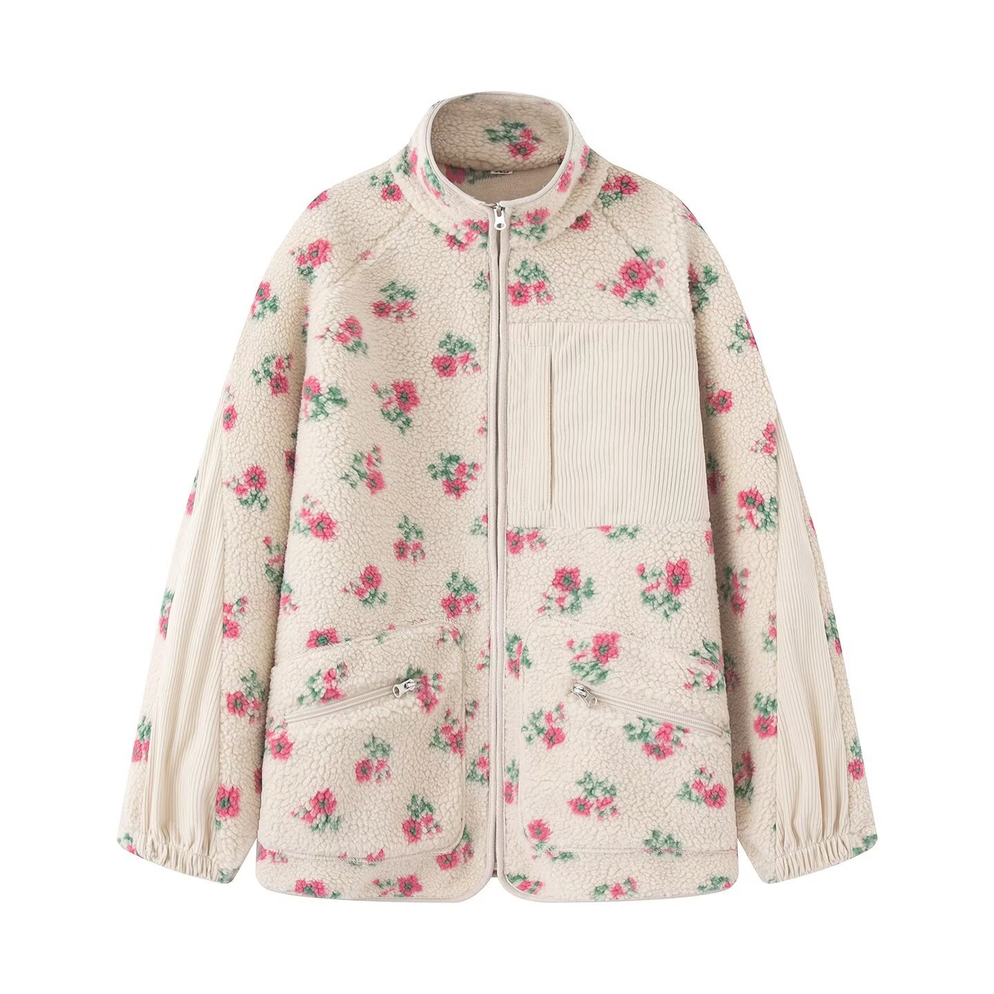Sherpa Jacket Fleece - Moda floral jaqueta para mulher outono
