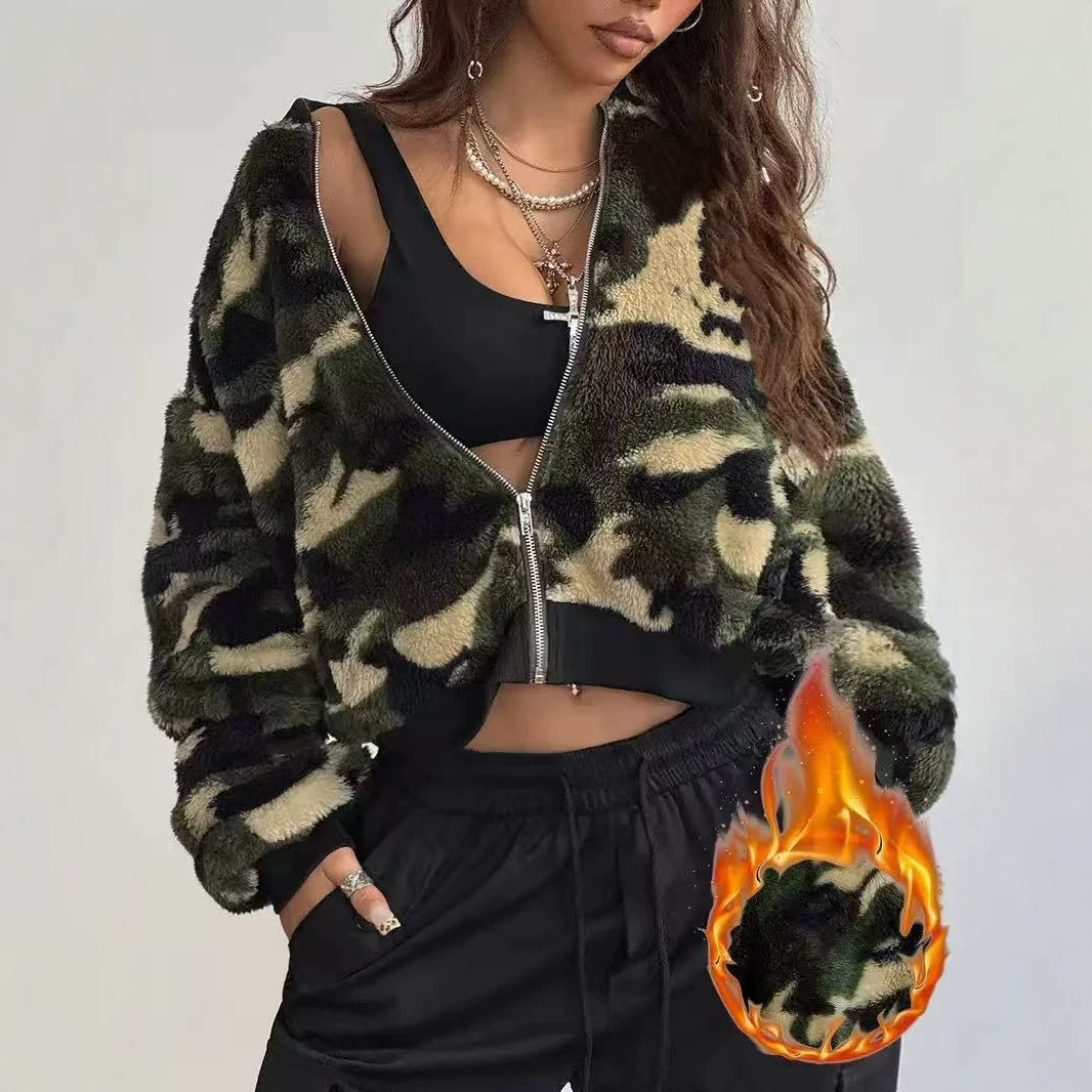 Sherpa Jacket Fleece - Jaqueta Curta Feminina de Fleece Camuflada